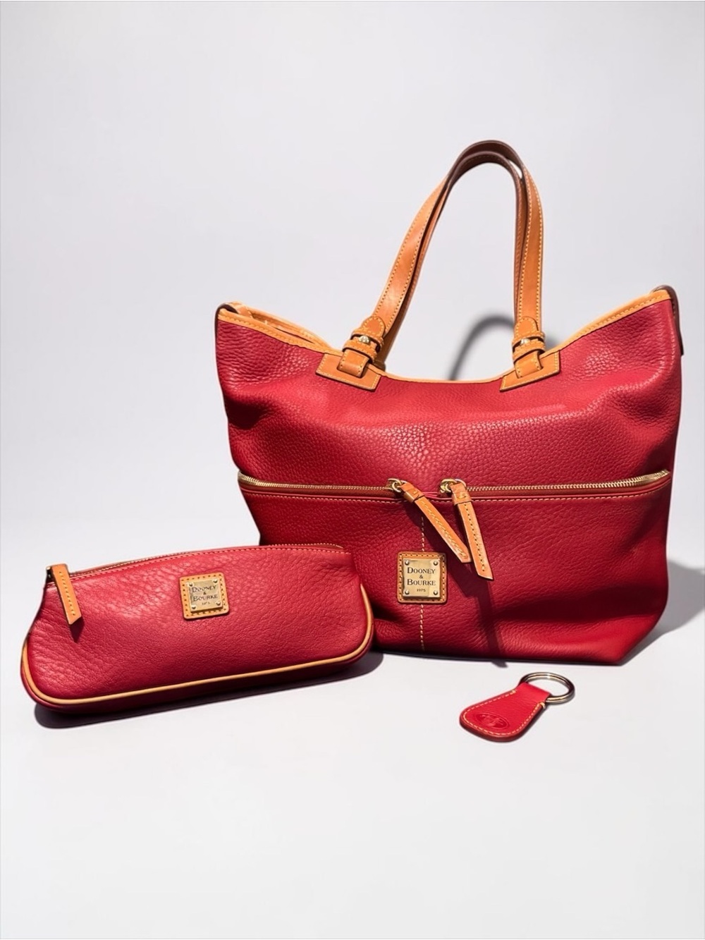 Dooney & Bourke Red Pebbled Leather Dillen Double Pocket Satchel w/ Accessories